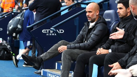 PRE-MATCH: Pep Guardiola takes his seat ahead of our clash with Wolves.