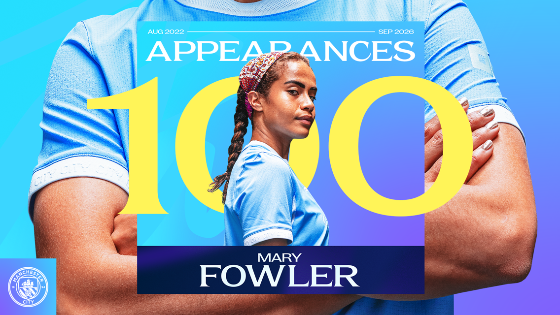 Mary Fowler with text '100 Appearances' and years August 2022 and September 2026 on a Manchester City themed background.
