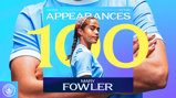 Mary Fowler with text '100 Appearances' and years August 2022 and September 2026 on a Manchester City themed background.