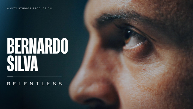 Close-up side profile of a person's eye with text reading 'Bernardo Silva - Relentless, A City Studios Production'.