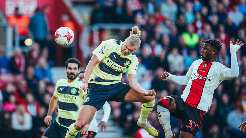 RISE AND SHINE: Erling Haaland heads City ahead.