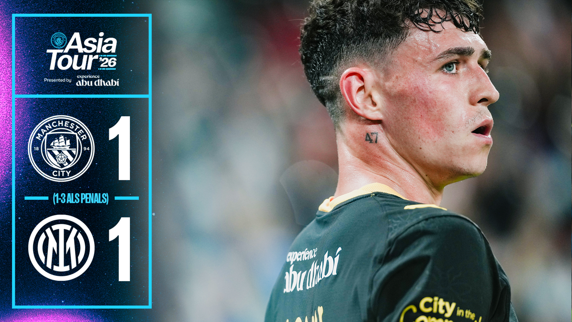 Graphic showing a 1-1 score between Manchester City and Inter with Inter winning 3-1 on penalties. Featured is a football player with '47' tattooed on the neck, and the event is part of the Asia Tour '26.