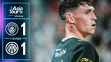 Graphic showing a 1-1 score between Manchester City and Inter with Inter winning 3-1 on penalties. Featured is a football player with '47' tattooed on the neck, and the event is part of the Asia Tour '26.