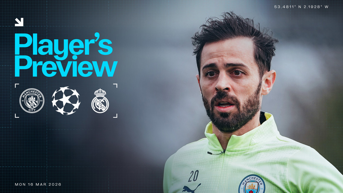 A graphic featuring 'Player's Preview' with Manchester City and Real Madrid logos. Coordinates and date 'Mon 16 Mar 2026' are displayed.