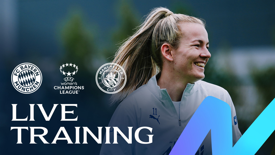 A woman smiles during a Manchester City Women's live training event as part of the UEFA Women's Champions League. FC Bayern München, Manchester City, and UEFA Women's Champions League logos are visible.