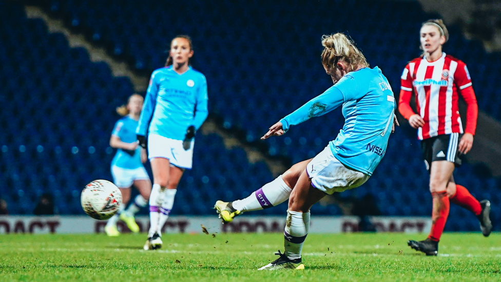 AMONGST THE GOALS  : The versatile midfielder nets her first City goal against Sheffield United