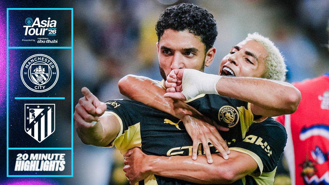 Manchester City celebrates a goal during the Asia Tour 2026 match against Atlético Madrid. Event presented by Abu Dhabi with 20-minute highlights.
