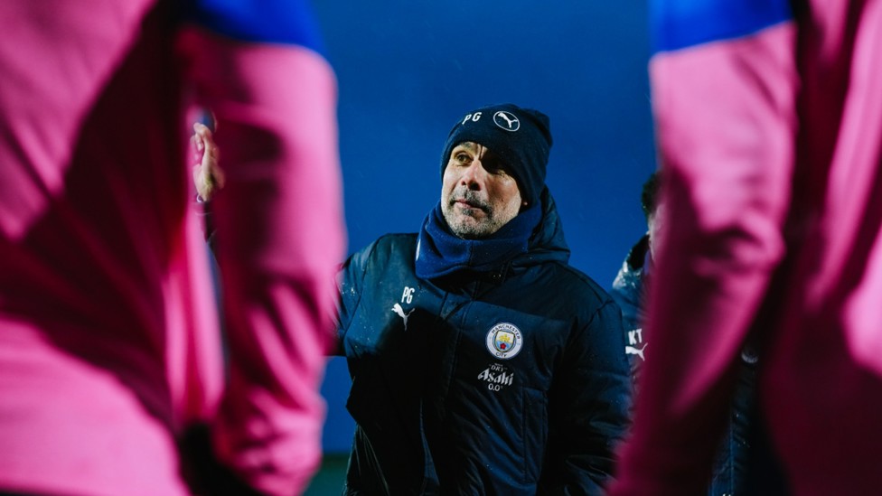THE BOSS: Pep Guardiola gets his point across to the City players.
