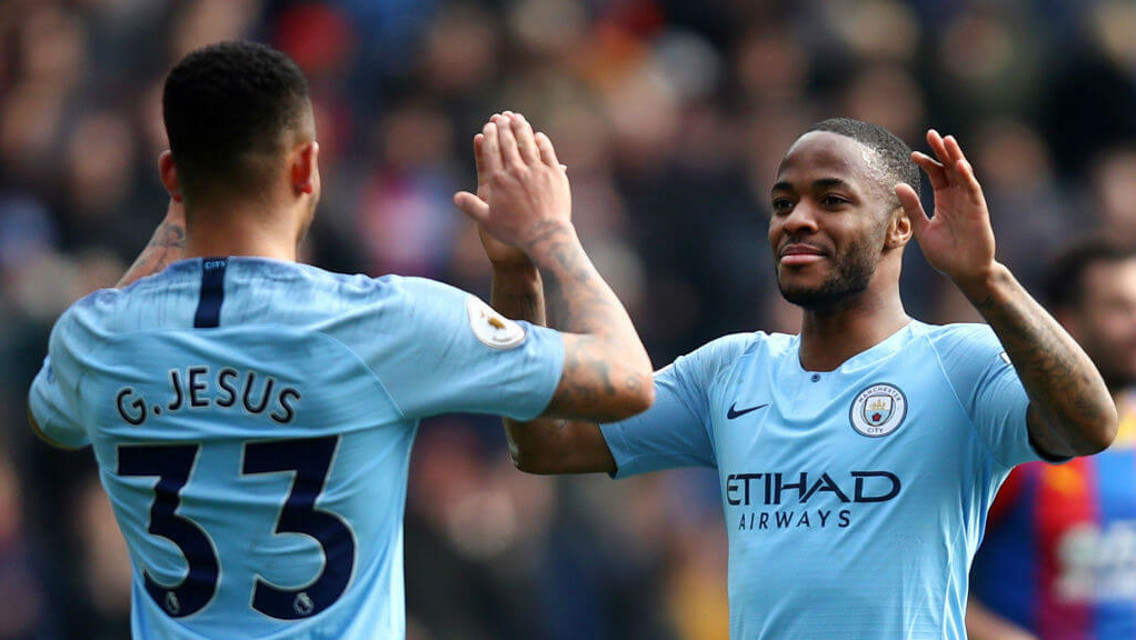 GOALS GALORE: Match Winner Gabriel Jesus celebrates with double goalscorer Raheem Sterling.