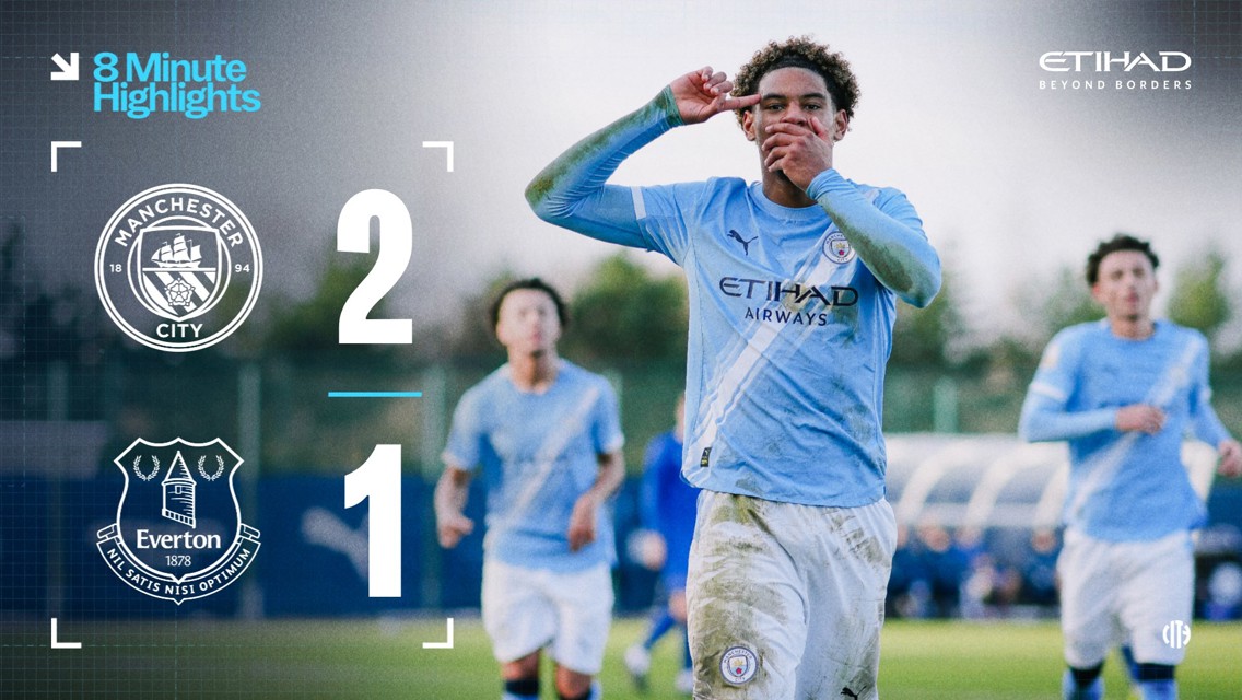 Image showcasing highlights from Manchester City's 2-1 victory over Everton. Player from Manchester City poses in celebration with teammates in the background.