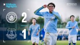 Image showcasing highlights from Manchester City's 2-1 victory over Everton. Player from Manchester City poses in celebration with teammates in the background.