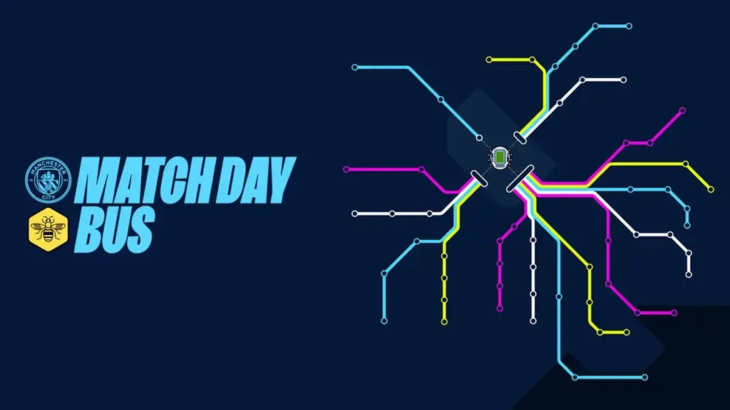 Graphic design with text 'Match Day Bus' featuring a stylized map resembling a transportation network with colorful lines and nodes, alongside Manchester City and bee logos.