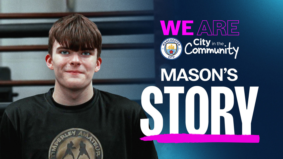 A blurred image of a person wearing a black shirt with text about Mason's story as part of Manchester City's community initiative.