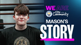 A blurred image of a person wearing a black shirt with text about Mason's story as part of Manchester City's community initiative.