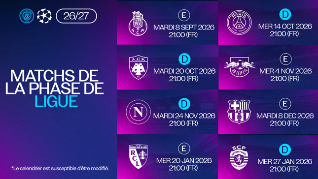 Manchester City's UEFA Champions League group stage matches for 2026/2027 including dates and clubs they will face.