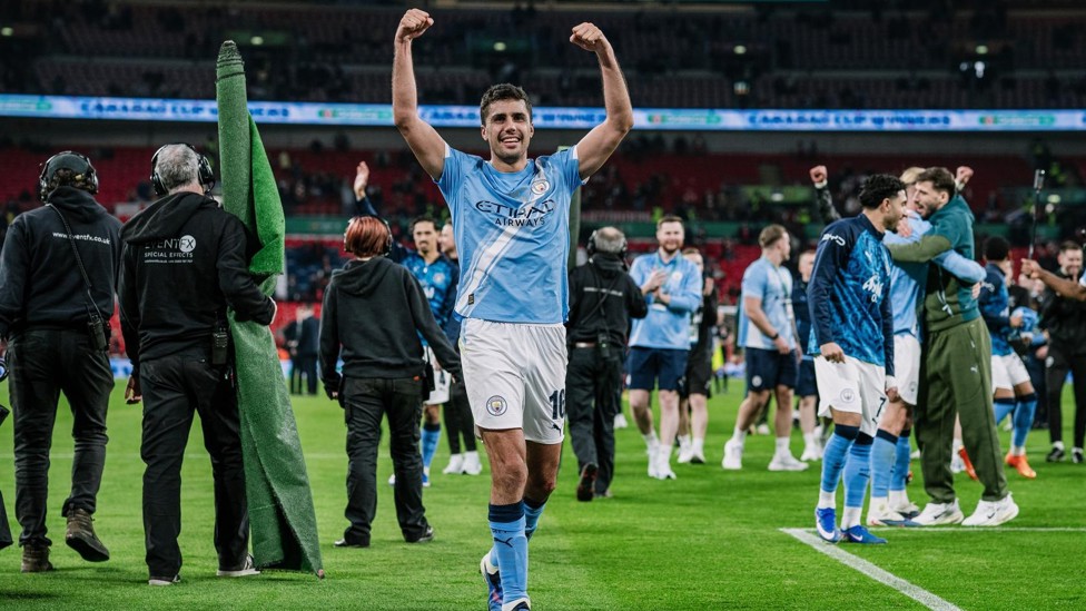 OUT GUNNED : Celebration time for Rodri as he helps City to a 2-0 victory over Arsenal in the 2026 Carabao Cup final at Wembley.