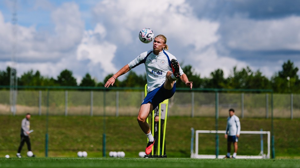 CLOSE CONTROL : Haaland takes the ball