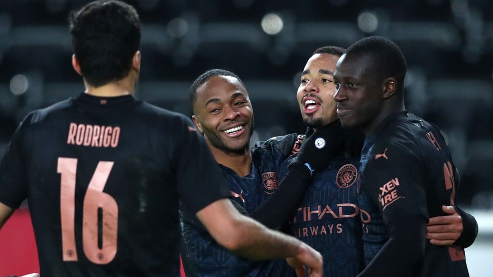 GOALS GALORE: The team go over to congratulation Gabriel Jesus
