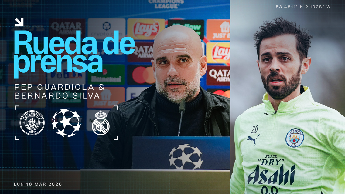 Press conference featuring blurred figures with Manchester City and Real Madrid logos. Date: 16 Mar 2026. Location coordinates: 53.4811° N, 2.1928° W.