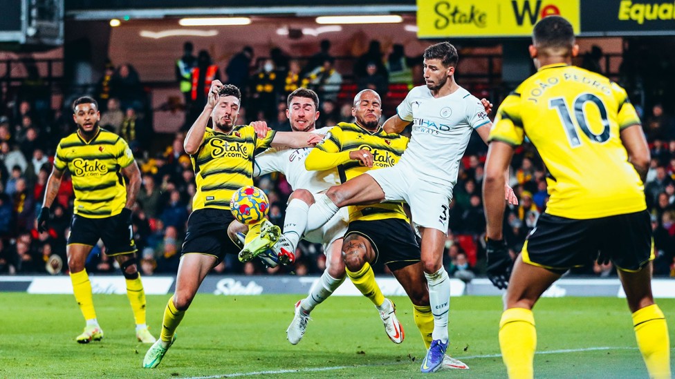HOLDING FIRM : Aymeric Laporte and Ruben Dias clear the danger