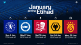 Graphic displaying January fixtures at the Etihad Stadium. Matches against Chelsea, Brighton & Hove Albion, Exeter City FC, Wolves, and Galatasaray are listed with dates and kick-off times.