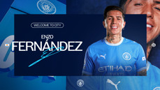 Graphic featuring Enzo Fernández in a Manchester City kit, with text 'Welcome to City' and the club's logo visible.