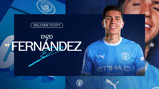 Graphic featuring Enzo Fernández in a Manchester City kit, with text 'Welcome to City' and the club's logo visible.