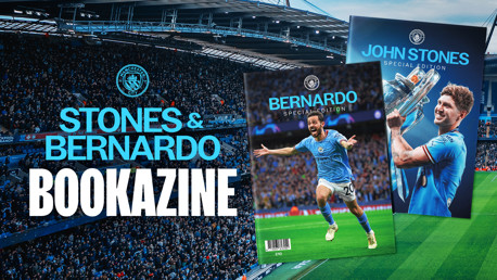 Promotional image for Manchester City's special edition bookazine featuring 'Stones & Bernardo'. The covers of two bookazines are displayed against the backdrop of a crowded stadium, likely the Etihad.