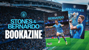 Promotional image for Manchester City's special edition bookazine featuring 'Stones & Bernardo'. The covers of two bookazines are displayed against the backdrop of a crowded stadium, likely the Etihad.