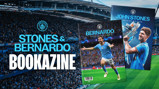 Promotional image for Manchester City's special edition bookazine featuring 'Stones & Bernardo'. The covers of two bookazines are displayed against the backdrop of a crowded stadium, likely the Etihad.