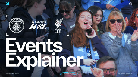 Blurred crowd image with Manchester City, Barclays WSL, and Liverpool FC logos, titled 'Events Explainer' with date Sunday 03 May 2026.