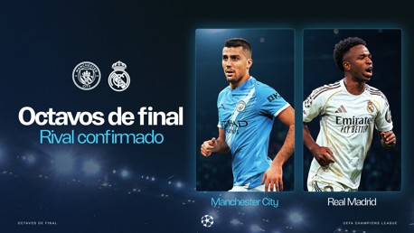 Graphic for UEFA Champions League Round of 16, featuring Manchester City vs. Real Madrid. Includes team logos and player images with blurred faces.