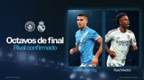 Graphic for UEFA Champions League Round of 16, featuring Manchester City vs. Real Madrid. Includes team logos and player images with blurred faces.