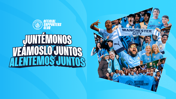 Official Supporters Club promotion with Manchester City fans holding scarves and banners, featuring the club's crest and a rallying message in Spanish.