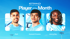Manchester City Player of the Month graphic featuring three nominees: Rodri, Abdukodir Khusanov, and Jeremy Doku with Etihad branding.