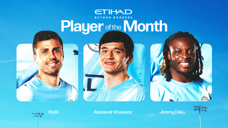 Manchester City Player of the Month graphic featuring three nominees: Rodri, Abdukodir Khusanov, and Jeremy Doku with Etihad branding.