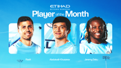 Manchester City Player of the Month graphic featuring three nominees: Rodri, Abdukodir Khusanov, and Jeremy Doku with Etihad branding.