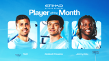 Manchester City Player of the Month graphic featuring three nominees: Rodri, Abdukodir Khusanov, and Jeremy Doku with Etihad branding.