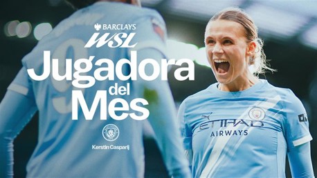 Image showing Kerstin Casparij in a Manchester City kit with text 'Jugadora del Mes' indicating she is the player of the month for the Barclays WSL.