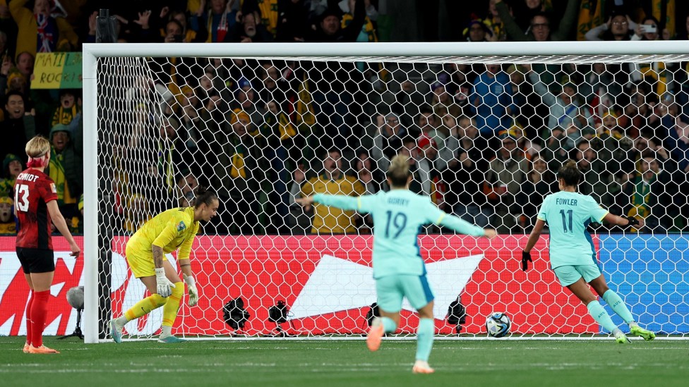 FANTASTIC FOWLER : Australia’s Mary Fowler celebrated scoring their third goal in their 4-0 win over Canada in the group stages. 