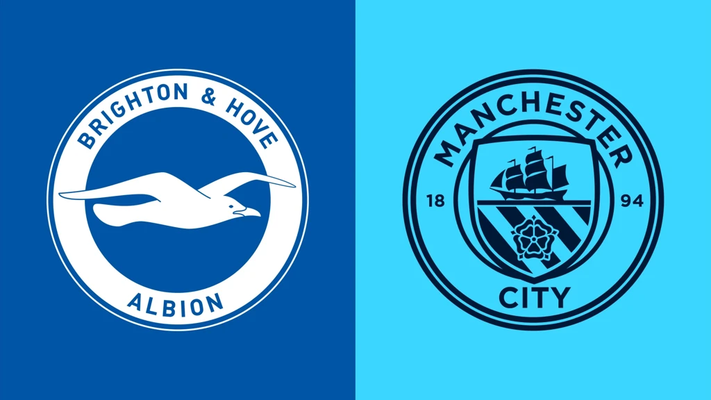 Brighton & Hove Albion FC logo with a seagull; Manchester City FC logo featuring a ship and red rose.
