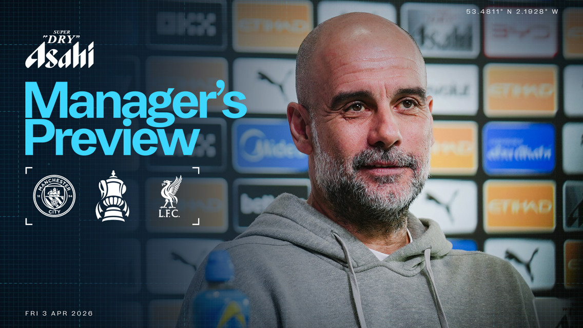 Manager's Preview event poster featuring Manchester City and Liverpool FC logos for a match set on April 3, 2026. Includes text and various branding elements.