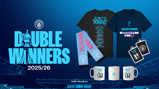 Manchester City celebrates their 2025/26 double win with merchandise including t-shirts, mugs, and scarves.