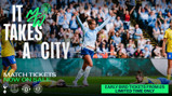 Manchester City's 'It Takes A City' promo featuring women's team goal celebration. Match tickets are on sale, early bird tickets from £5 available. Opponents include Tottenham, Everton, Manchester United, and Austria Wien.