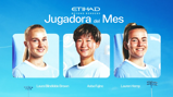 Image featuring three female soccer players' headshots labeled as nominees for 'Jugadora del Mes' by Etihad. Names displayed under each player are Laura Blindkilde Brown, Aoba Fujino, and Lauren Hemp.