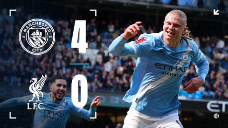 Graphic displaying Manchester City 4-0 Liverpool score at a football match, featuring Manchester City player celebrating with Manchester City logo.