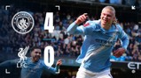 Graphic displaying Manchester City 4-0 Liverpool score at a football match, featuring Manchester City player celebrating with Manchester City logo.