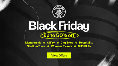 Manchester City Black Friday promotion offering up to 50% off on items such as membership, CITY+, city store, hospitality, stadium tours, women's tickets, and CITYPLAY. Features the Manchester City logo.