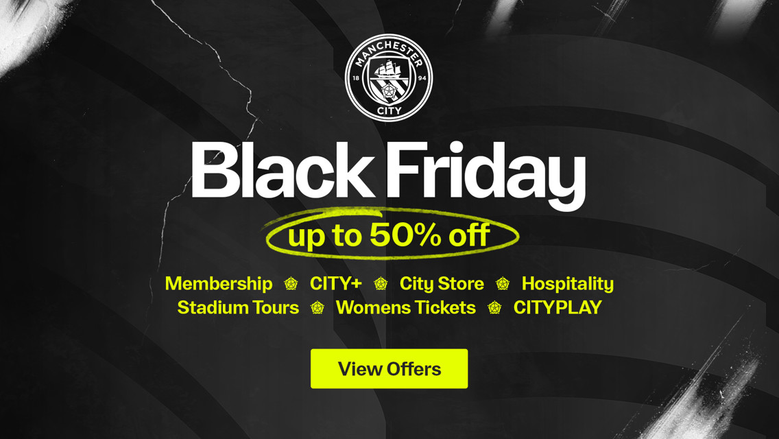 Manchester City Black Friday promotion offering up to 50% off on items such as membership, CITY+, city store, hospitality, stadium tours, women's tickets, and CITYPLAY. Features the Manchester City logo.