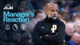 Graphic showing 'Manager's Reaction' with logos of Everton, Premier League, and Manchester City. Sponsored by Asahi. Coordinates (53.4251°N, 3.0028°W). Date: Mon 04 May 2026.